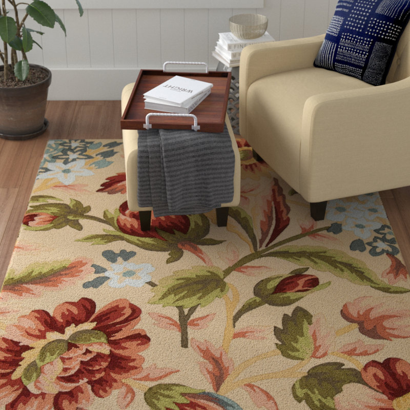 Asiha Floral Handmade Beige/Green/Ivory Rug, Rectangle 8' x 10'6"