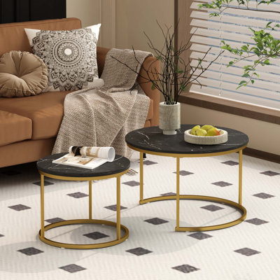 Nesting Round Coffee Table Set with Marble Pattern Top and Sturdy Metal Frame