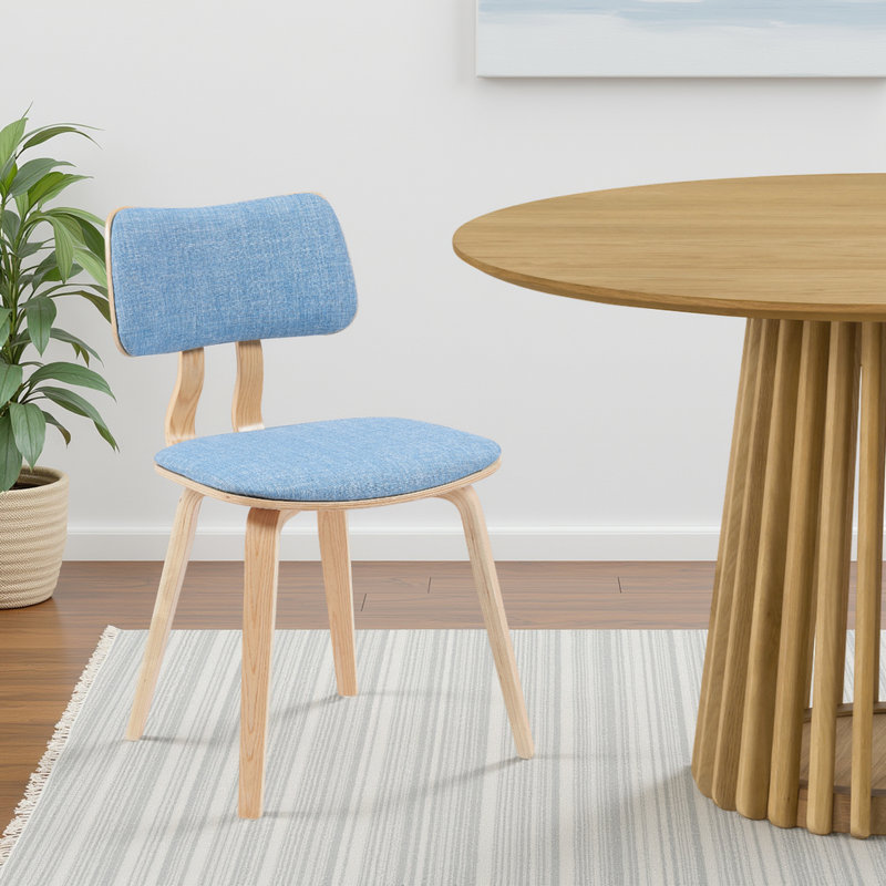 Chaise de salle à manger sans accoudoirs de style Mid-Century avec revêtement en polyester Decklen, Bleu, Brun pâle