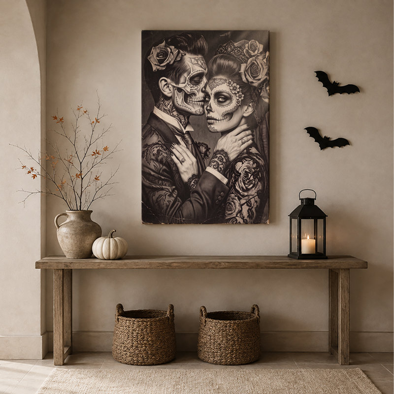 «Black and White Sugar Skull Couple», art mural sur toile d'Halloween, H 30 po x l 20 po