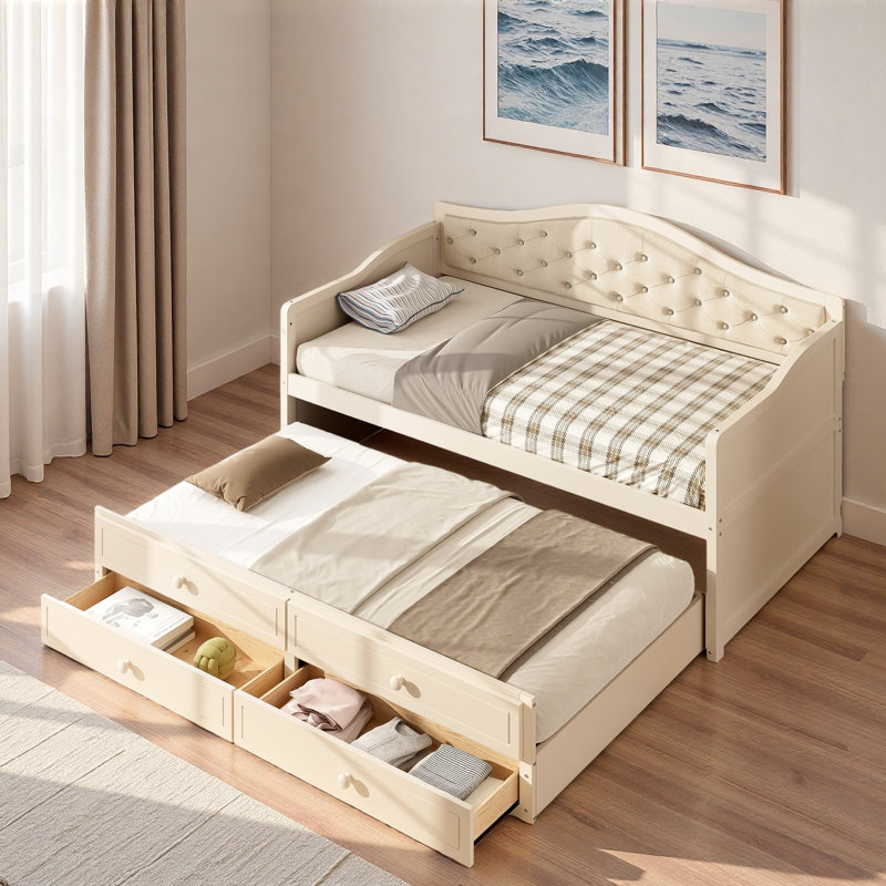 Lit de jour en bois avec lit gigogne, 2 tiroirs de rangement et dossier capitonné à boutons, Beige