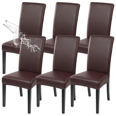Waterproof PU Leather Dining Chair Covers Stretch, Set of 6, Brown，Oilproof, Parsons Chair Slipcovers, Removable Washable, Kitchen Chair Protector for Dining Room, Hotel, Banquet, Ceremony