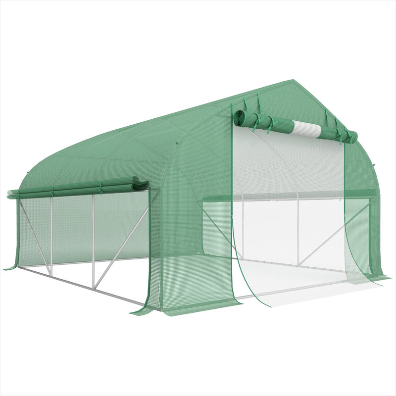 Serre de plain-pied de couleur vert sauge avec cadre en acier galvanisé et côtés enroulables, 11,5 pi x 10 pi x 6,5 pi