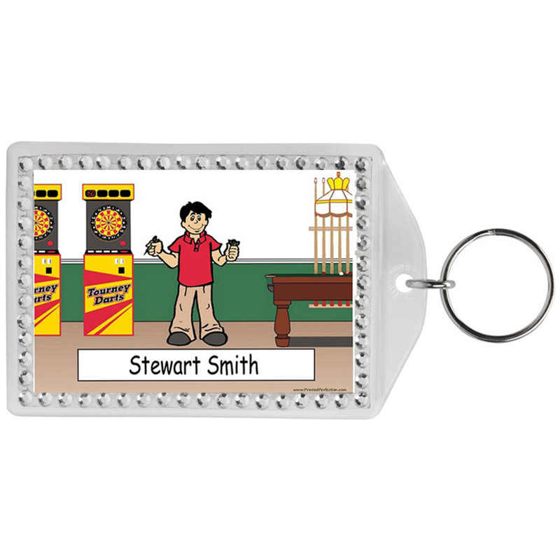 Personalized Name That Toon Dart Lover Male Rhinestone Bordered Key Chain, Yes