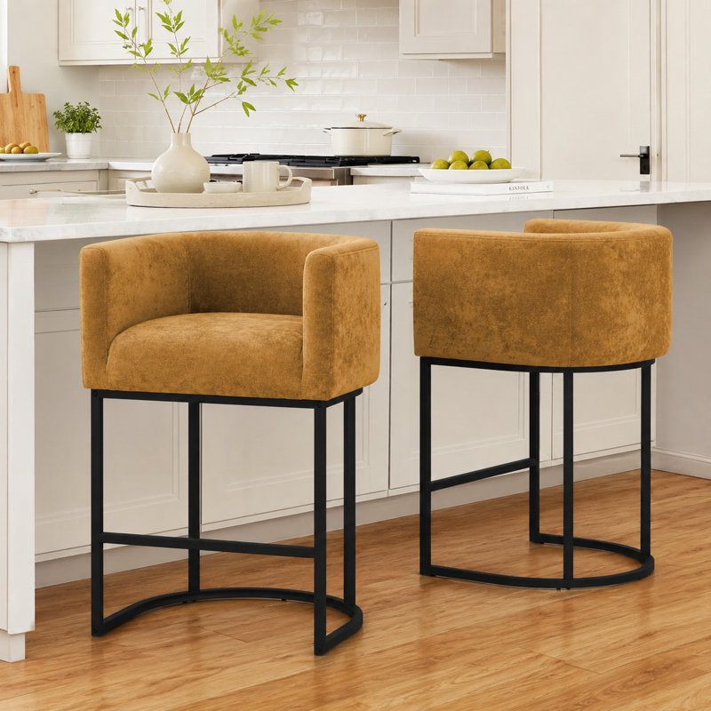 Upholstered Barrel Counter Stool, Yellow, Black