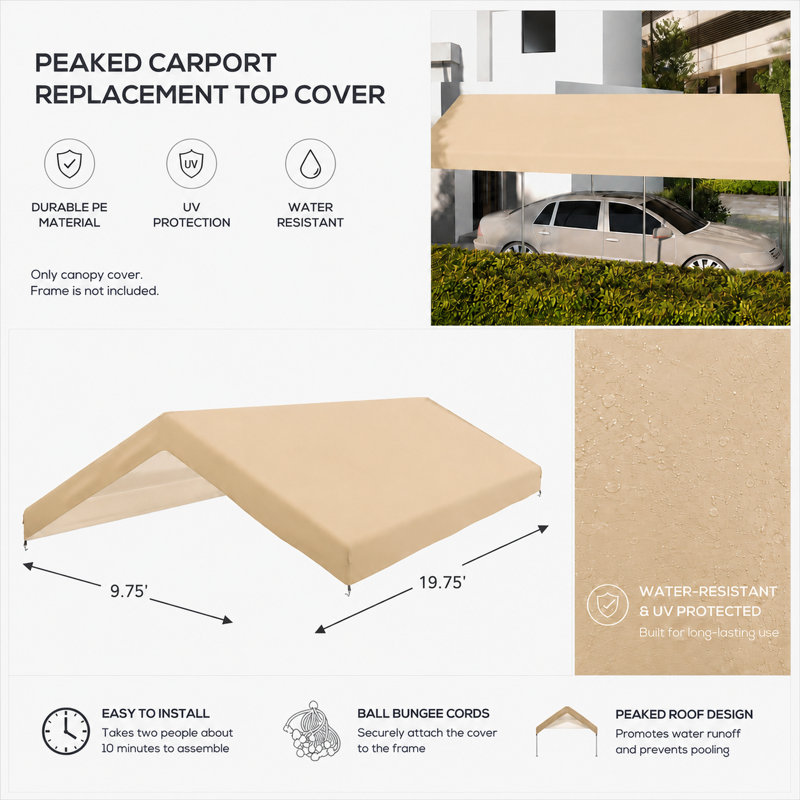 Bâche de remplacement imperméable pour abri d'auto Outsunny 10' x 20', Beige