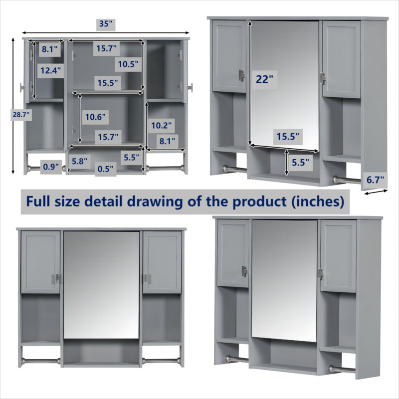 35'' X 28'' Modern Wall Mounted Bathroom Storage Cabinet, Gris