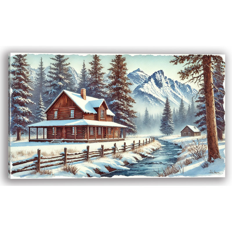 «Tranquil Mountain Cabin: Winter Landscape», art mural sur toile tendue, H 24 po x l 42 po