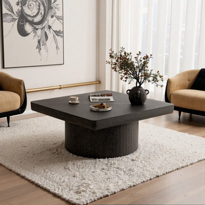 Square Coffee Table With Wood Veneer Parquet Top & Cylindrical Base, Thickened Tabletop, Easy Assembly