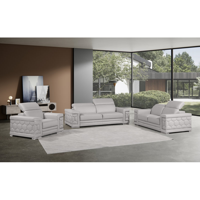 Charliee 3 Piece Genuine Leather Sofa Set, Light Gray