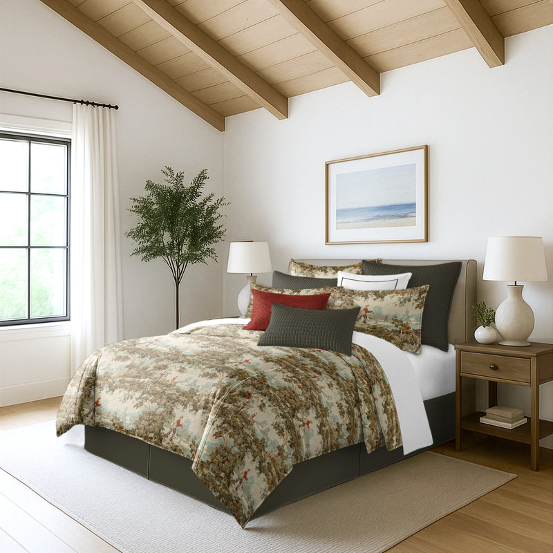 Greenwood Ivory/Red Linen Duvet Cover Set, Full/Double Duvet + 2 Standard Shams