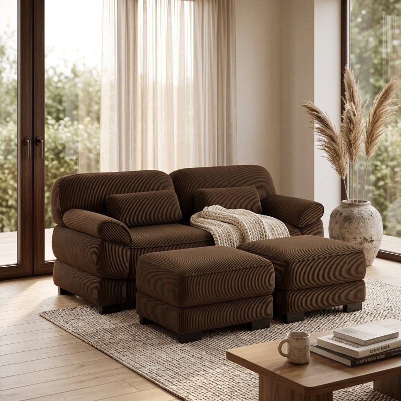 Canapé d'angle modulaire 2 places en velours côtelé brun avec 2 poufs amovibles et configuration flexible, 2 Seat+2 Ottoman