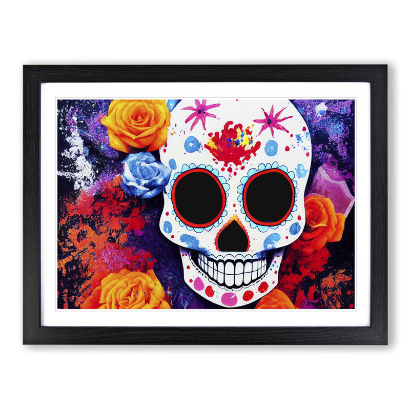 XH1022-4027X Flowing Floral Sugar Skull - Single Picture Frame Print, Black Framed, 46cm H x 64cm W x 2cm D