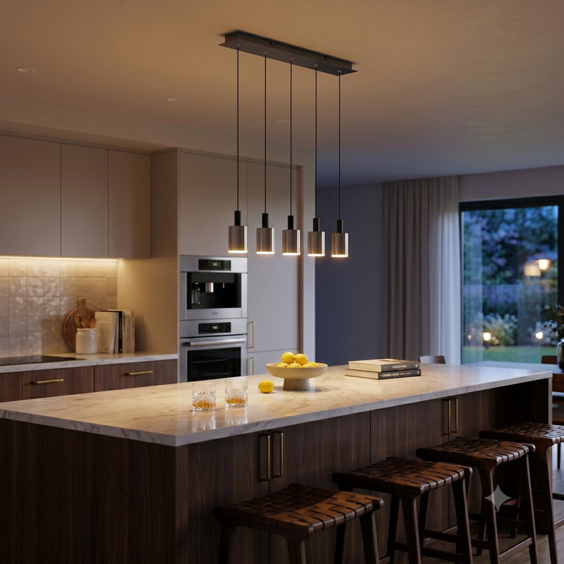 Luminaire suspendu linéaire à 5 lumières pour îlot de cuisine Essoura, Noir / nickel