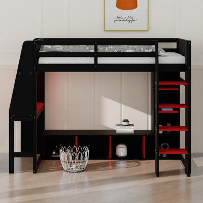 Lit mezzanine en bois avec bureau, étagères à rangement multiples, DEL et portemanteau suspendu