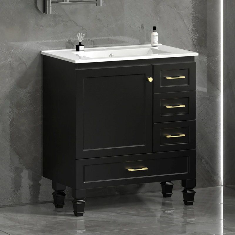 Meuble-lavabo noir 30 po. Armoire de rangement abondante - 1 porte à fermeture douce et 3 tiroirs, Noir