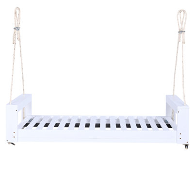 Twin Size Porch Swing Bed Seating Group, Patio Acacia Wood Swing Frame With Hemp Ropes For Garden, Backyard