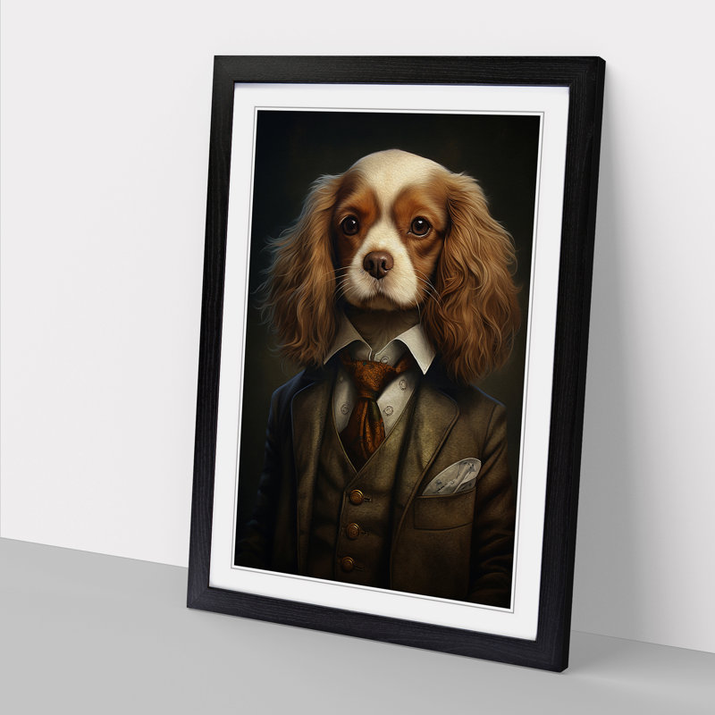 Cavalier King Charles Spaniel in a Suit Painting - Framed Print, 34cm H x 25cm W x 2cm D, Black