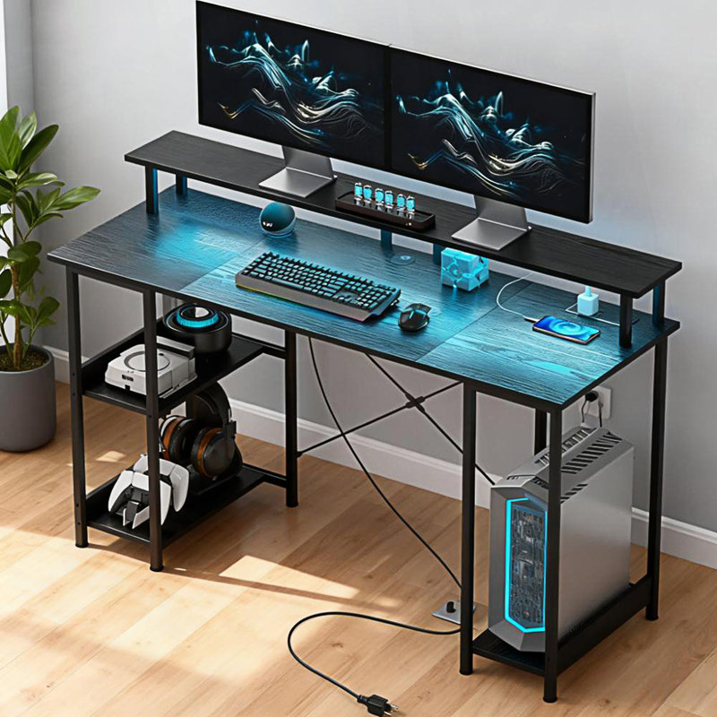 Bureau d'ordinateur avec rangement, table d'ordinateur réversible avec prises de courant et lumières DEL, Noir