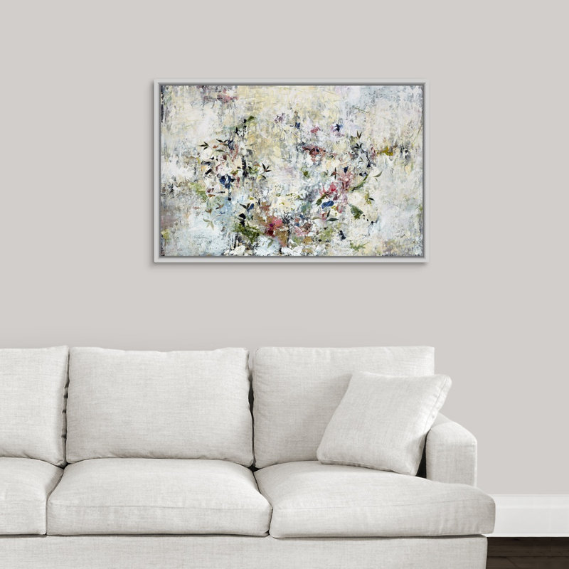 « floral couronne », peinture sur toile, Cadre flottant blanc, H 13,7 po x l 19,7 po x p 1,75 po