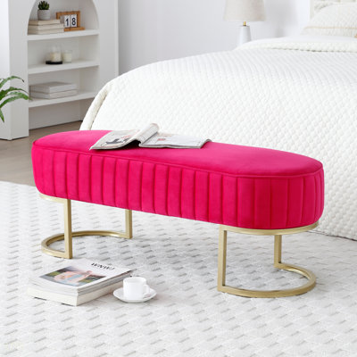 Banc de chambre, banc de fin de lit rembourré ovale en velours avec pieds en métal doré, banc de rangement moderne avec repose-pieds de 48 po pour la salle à manger de la chambre à coucher, fenêtre d'entrée, rose rouge
