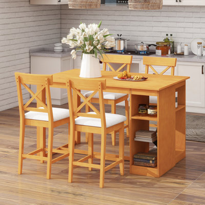 Ensemble de table de salle à manger à hauteur de comptoir en bois massif 60 po x l 30 po avec tablettes de rangement à 3 niveaux et chaises rembourrées pour 4, 5 pièces