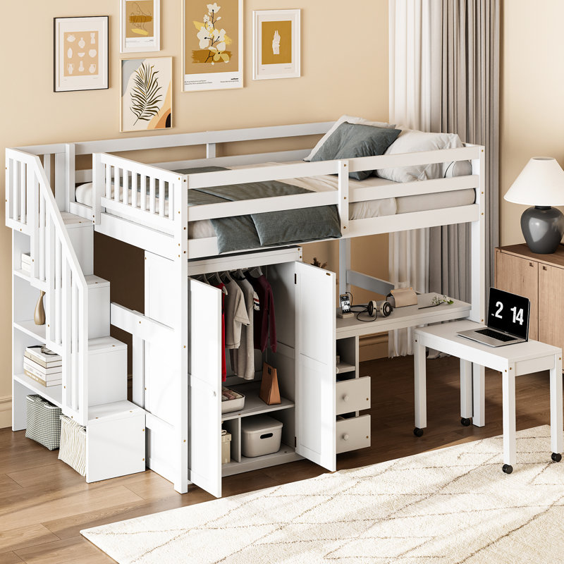 Lit mezzanine blanc avec escalier, bibliothèque, tiroirs, bureau et garde-robe - espace multifonctionnel pour les adolescents en pleine croissance