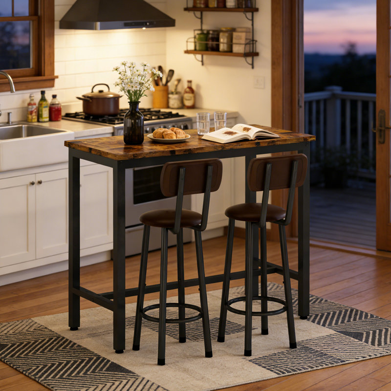 Faux Marble Pub Height Table Set For 2, 3-Piece Rectangular Bar Table And Chairs Set, Space-Saving Counter Height Bistro Table Set With 2 PU Upholstered Stools, Backrest & Footrest For Kitchen, Bistro, Pub, Bar