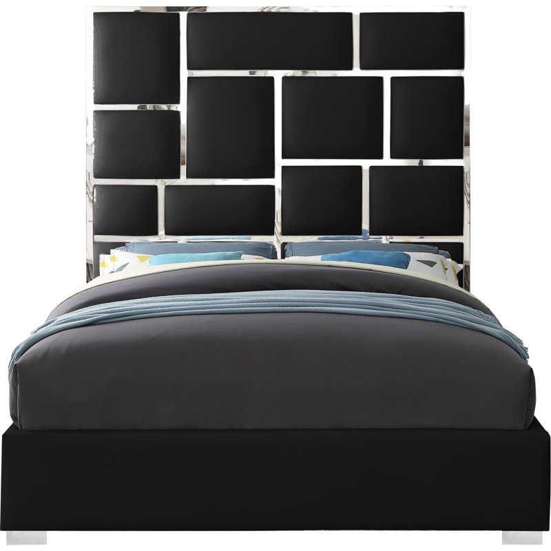 Uthyr Upholstered Panel Bed, Black Vegan Leather, King