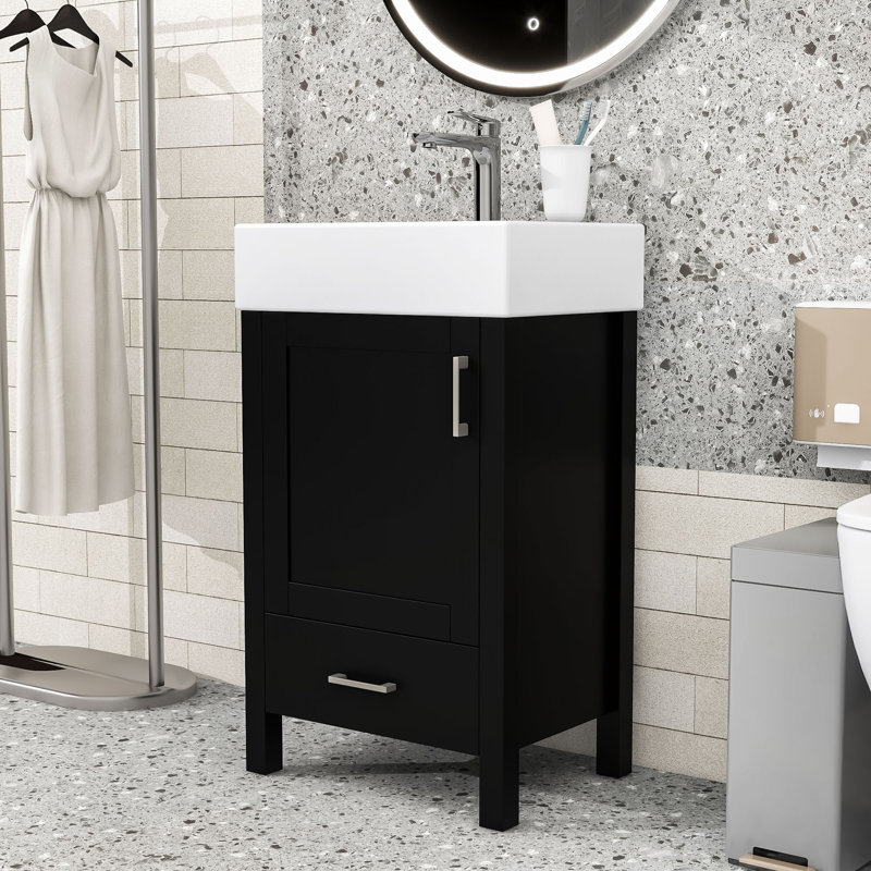 Meuble-lavabo peu encombrant avec lavabo, fermeture en douceur et structure en bois, Noir