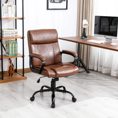 Ergonomic Brown Faux Leather Office Task Chair with Height Adjustment, 360° Swivel Tilt Mechanism & Lumbar Support Curvaceous Backrest for Home and Workplace Comfort