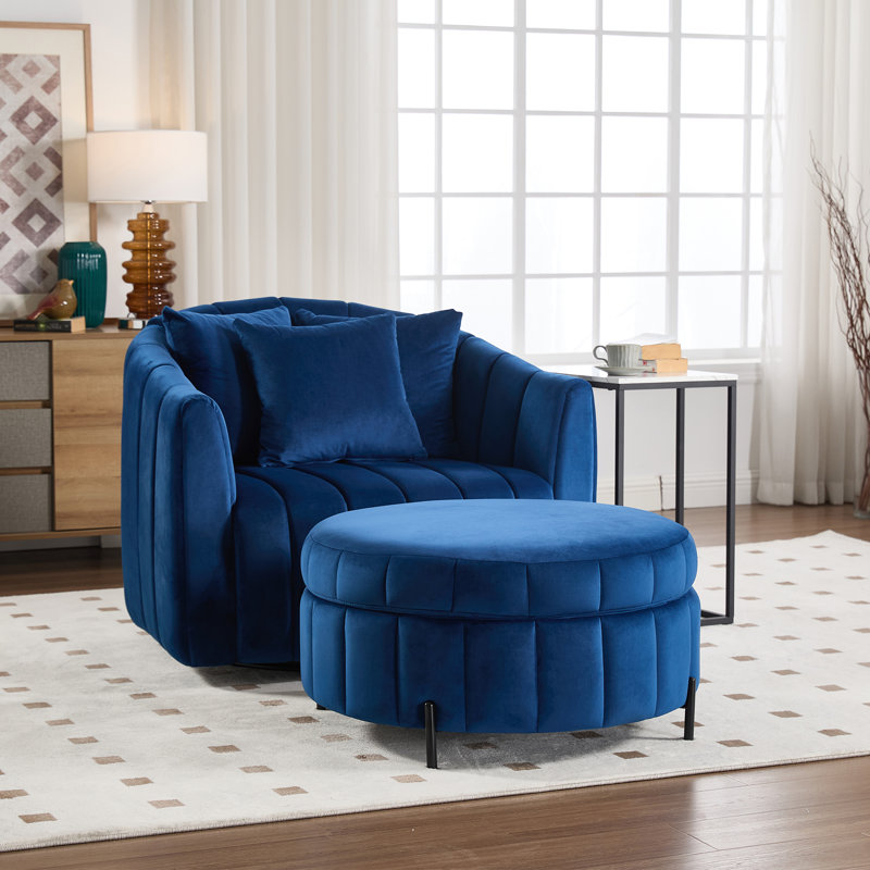 Upholstered  Swivel Barrel Armchair With Ottoman, Navy