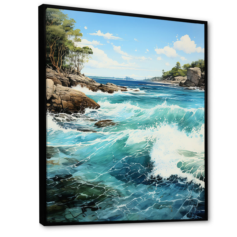 «Azure Seascape Palms Horizon I», reproduction sur toile, Cadre flottant noir, H 20 po x l 12 po x P 1 po