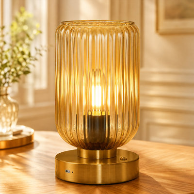 7500mAh Rechargeable Cordless Table Lamp with Ribbed Glass Shade, Touch Dimmable LED Bedside Lamp for Bedroom, Living Room and Study