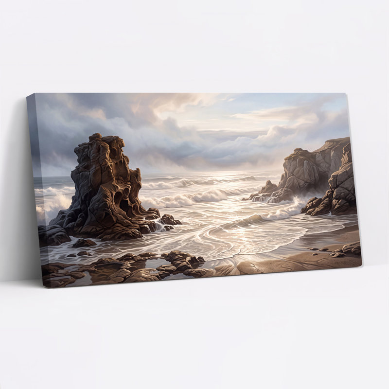 Toile sombre, falaises sur une plage de sable avec vagues océaniques, L 40 po x H 20 po