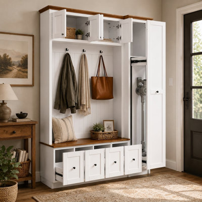 79" Large Hall Tree with Utility Storage Cabinet, 6 Hidden Cabinets, 4 Hooks, Storage Bench and Tall Vacuum Storage for Mudroom