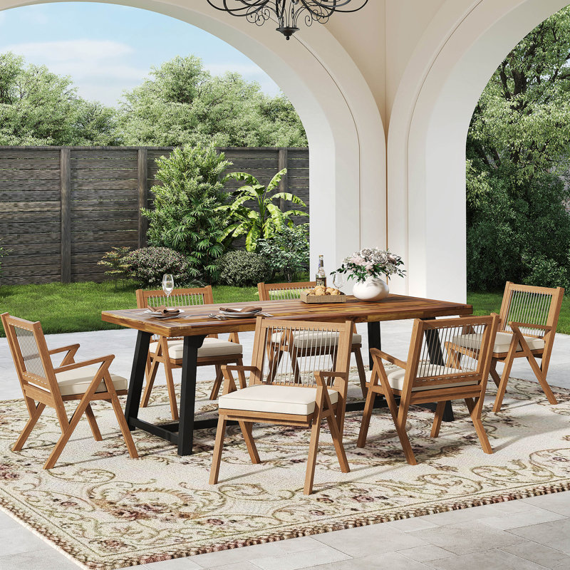 Ensemble de salle à manger d'extérieur 7 pièces en bois d'acacia avec chaises à dossier en corde