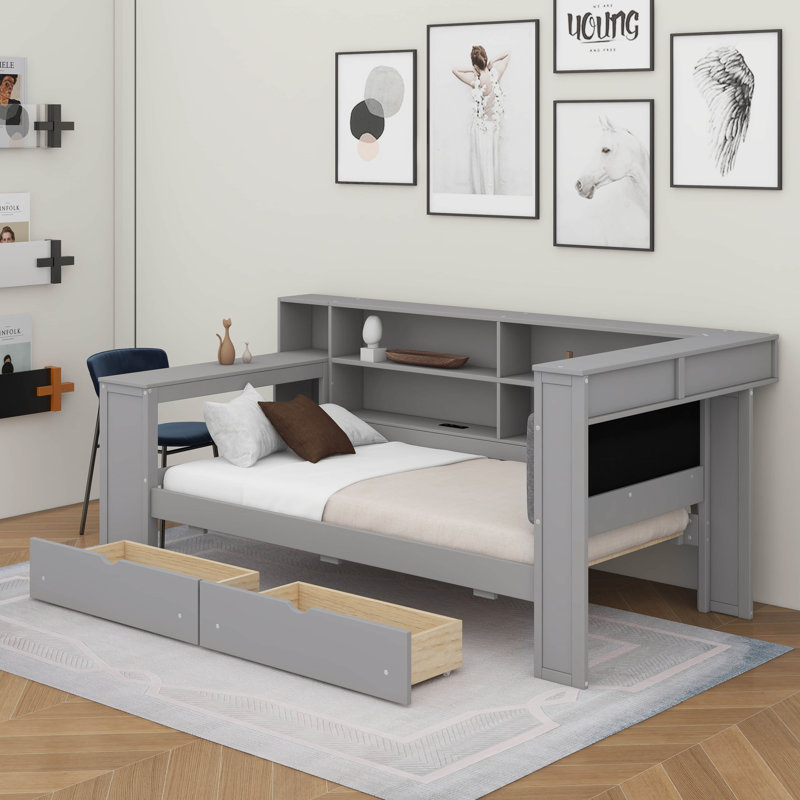 Lit plateforme simple en bois avec tablettes de rangement, tiroirs, station de charge, DEL, bureau et tête de lit tapissier