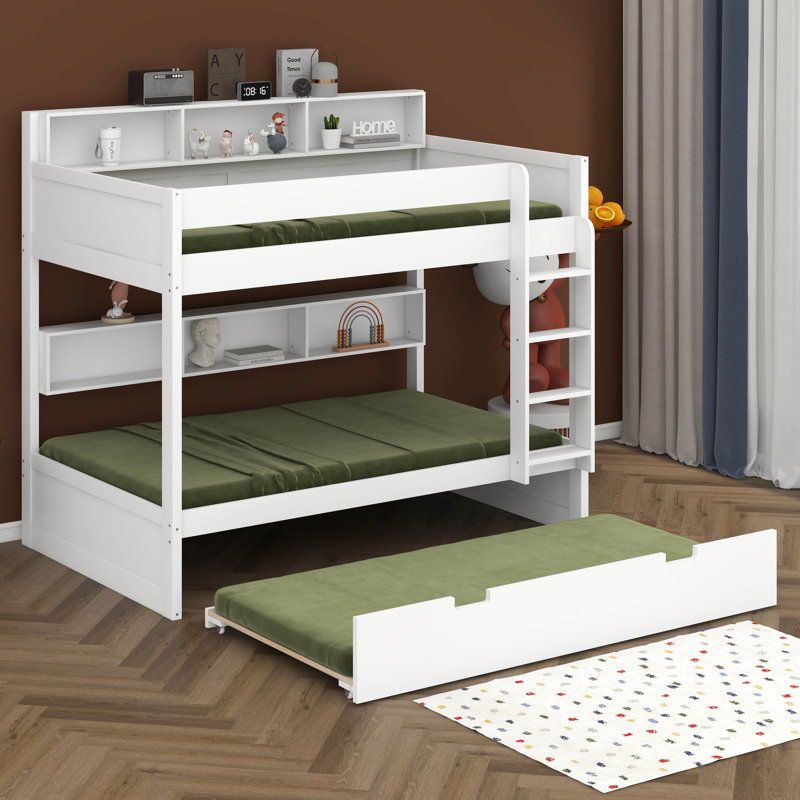 Lit superposé avec lit gigogne et tablettes de rangement, lits superposés en bois avec échelle, Simple sur simple, Blanc