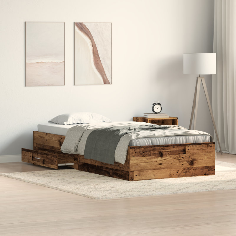 Bed Frame with Drawer Engineered Wood, Single (3'), Old Wood