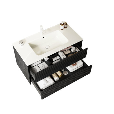 Meuble-lavabo pour salle de bain 36 po - Contreplaqué en chêne blanc à 2 tiroirs en céramique blanche avec drain
