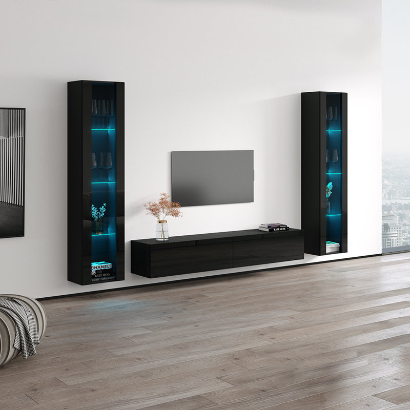 Gisberto 102.5" Modern Entertainment Center with High Gloss Finish, Black