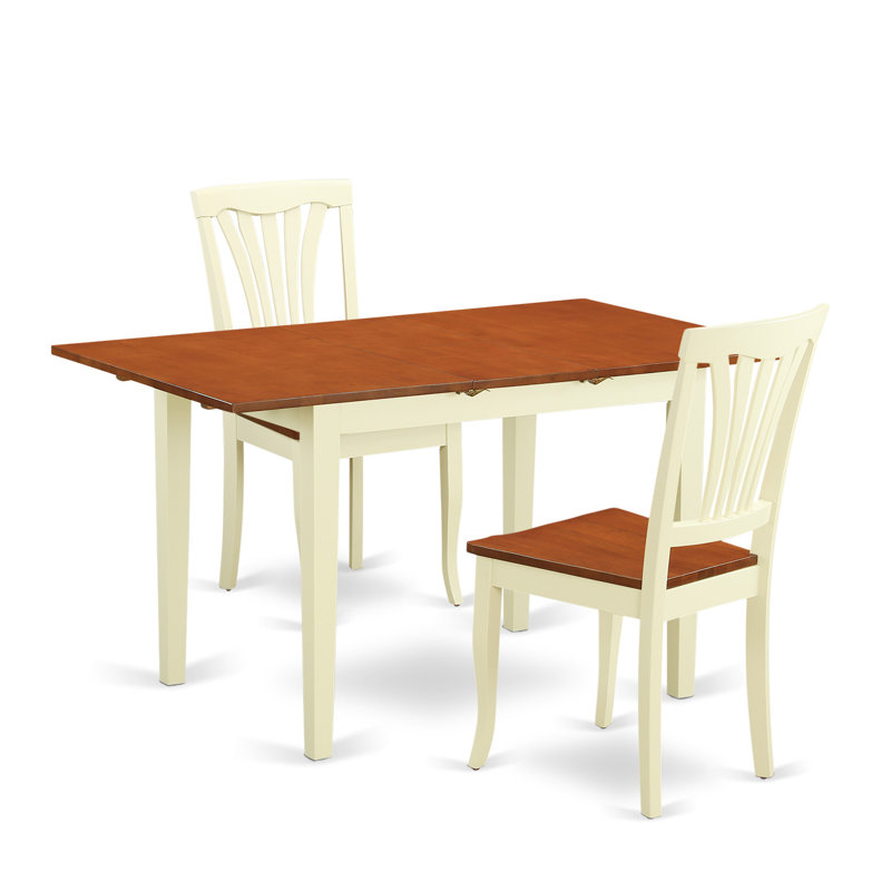 L'ensemble de table de cuisine 3 pièces pour petits espaces comprend une table de salle à manger rectangulaire avec rallonge papillon et 2 chaises en bois massif, babeurre et cerise