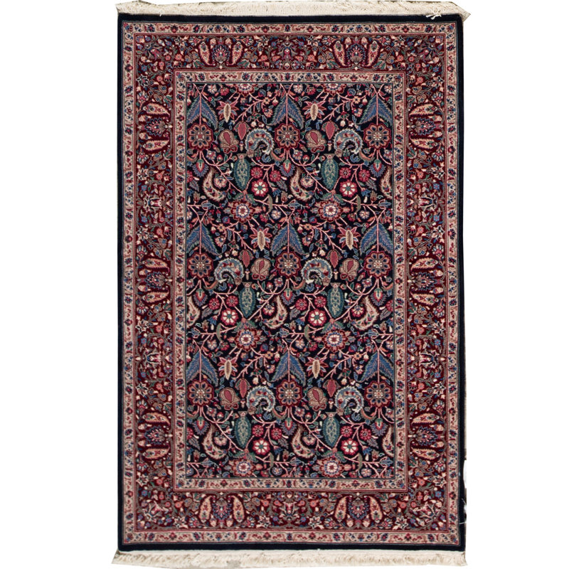 Tapis bleu marine et vin de haute qualité noué à la main