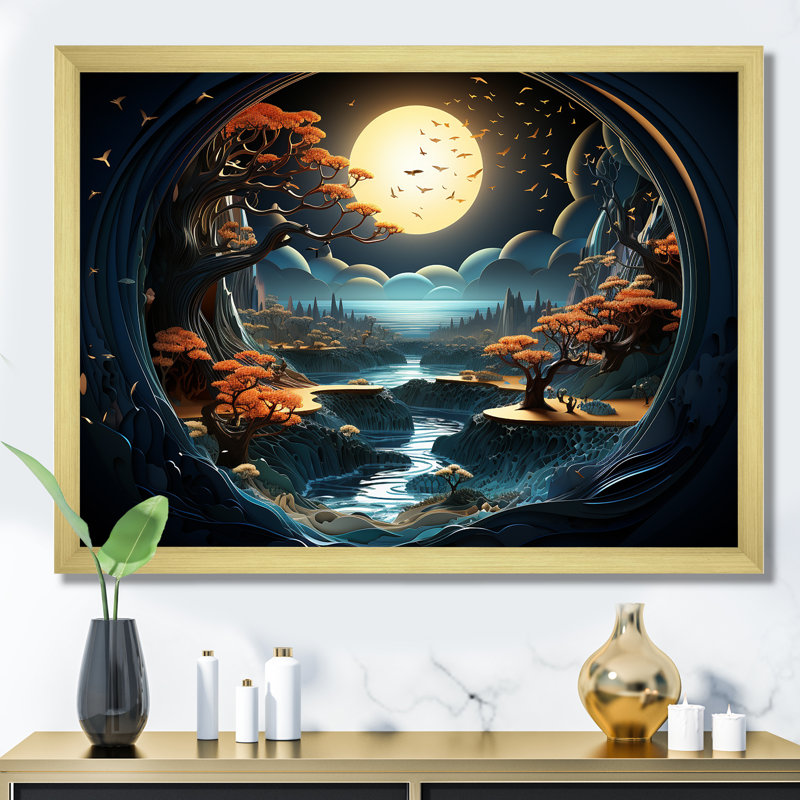 «Dreamy Moonlit Jungle II», art mural abstrait, Cadre doré à coins fermés, H 34 po x l 44 po x P 1,5 po