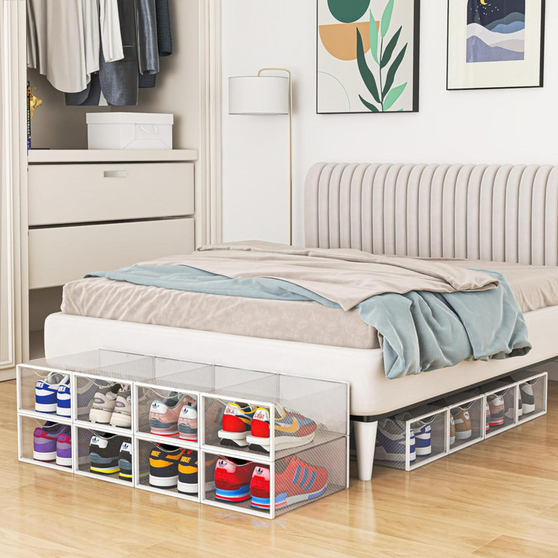 12 Pack Shoe Storage Bins, Clear Plastic Stackable Shoe Organizer For Closet, Space Saving Foldable Shoe Rack, Shoe Box Sneaker Holder Container