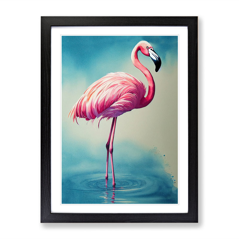 Flamingo In A Pond - Single Picture Frame Print, Black, 64cm H x 46cm W