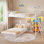 Lit superposé bas simple au-dessus de simple avec rangement et lumières à DEL, lits superposés en métal en L avec rangement ouvert en tissu à 3 niveaux, lits superposés à plancher simple avec garde-corps et échelle pleine longueur, blanc