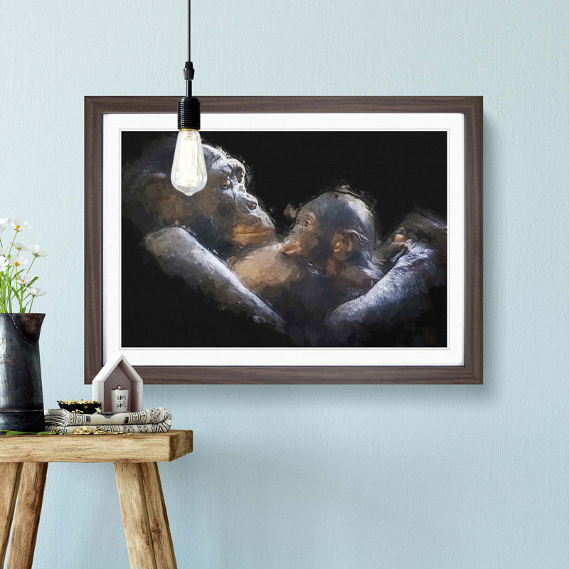 Gorilla Mother & Child in Abstract - Framed Print, 36cm H x 48cm W x 2cm D, Walnut Framed