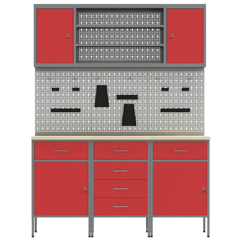 Set Of 5 Steel Large Height-Adjustable Work Cabinet, Red